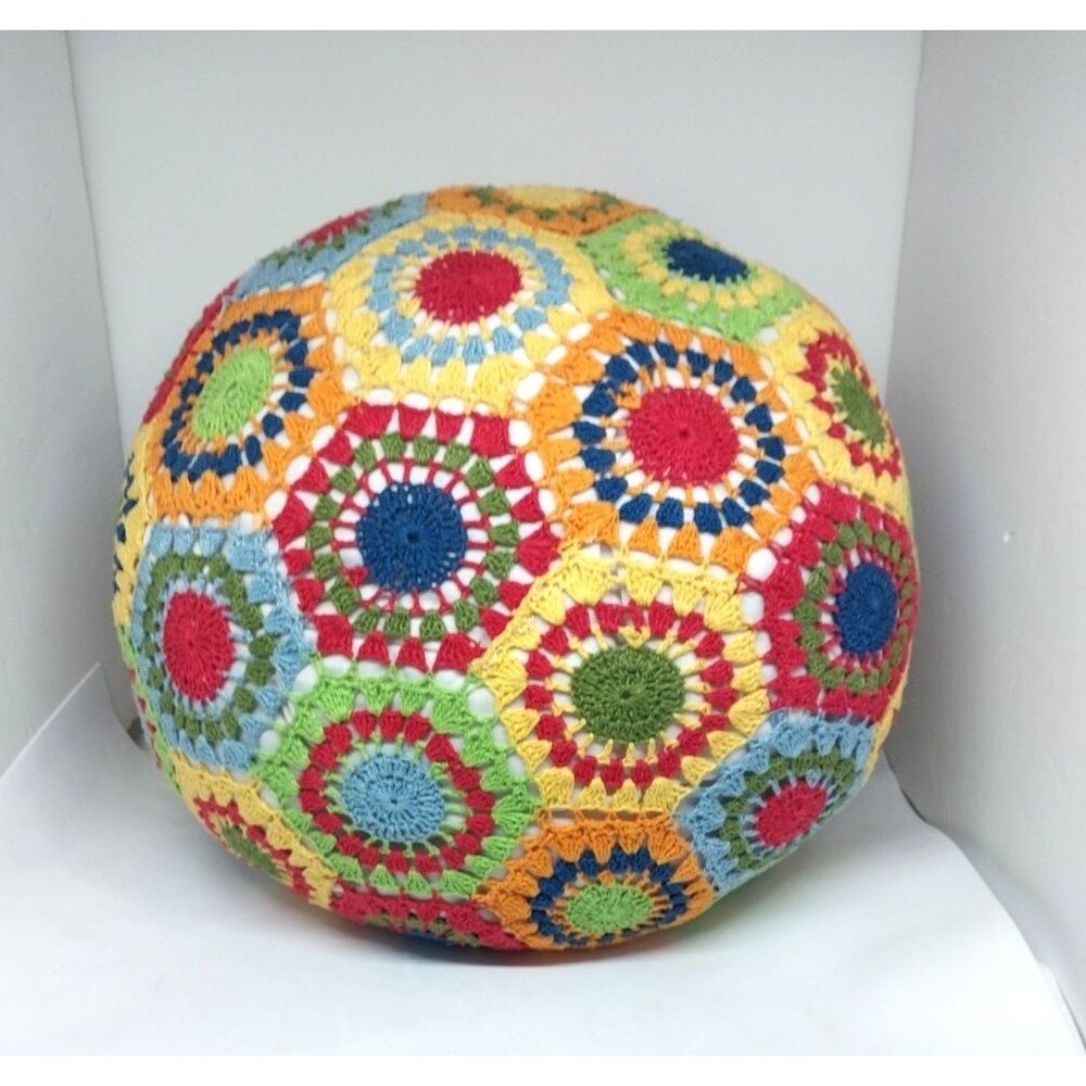 Vintage Crochet Handmade 29" Round Granny Throw Pillow Brown Orange Green Purple